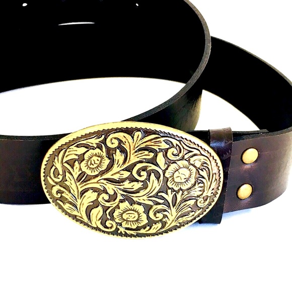 Accessories - BROWN BELT BRASS FLOWER MOTIFF BUCKLE